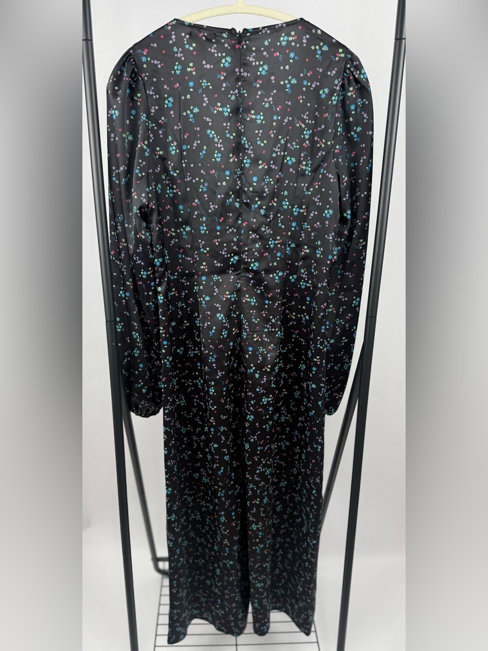 AFRM Portia Floral Satin Midi Dress Black Multicolor Long Sleeve Halter NWT M - Picture 6 of 9